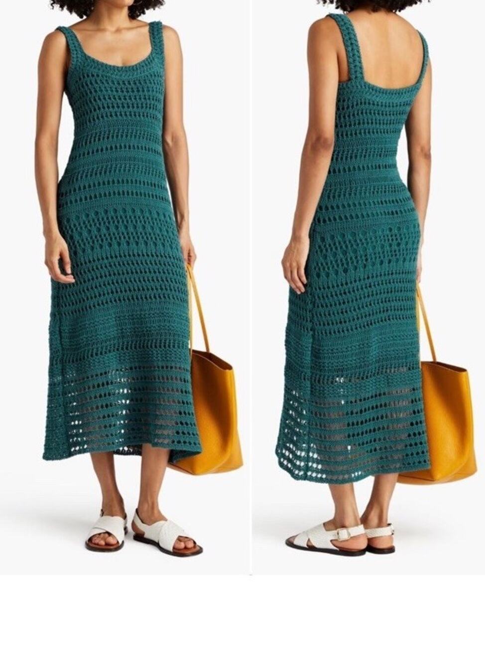 Vince Teal Crochet Knit Midi Dress Lined Sleeveless Cotton Blend Vacation Sz M